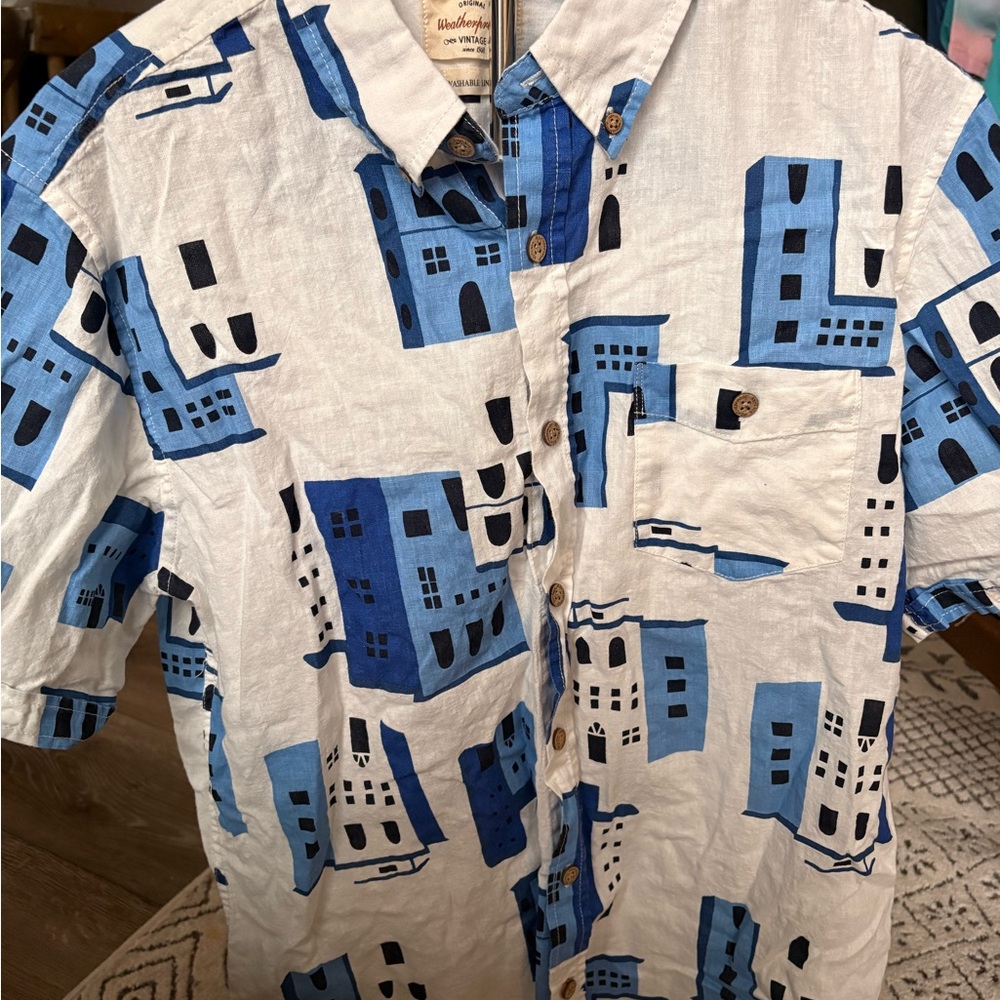 Blue and White Cityscape Men's Casual Shirt